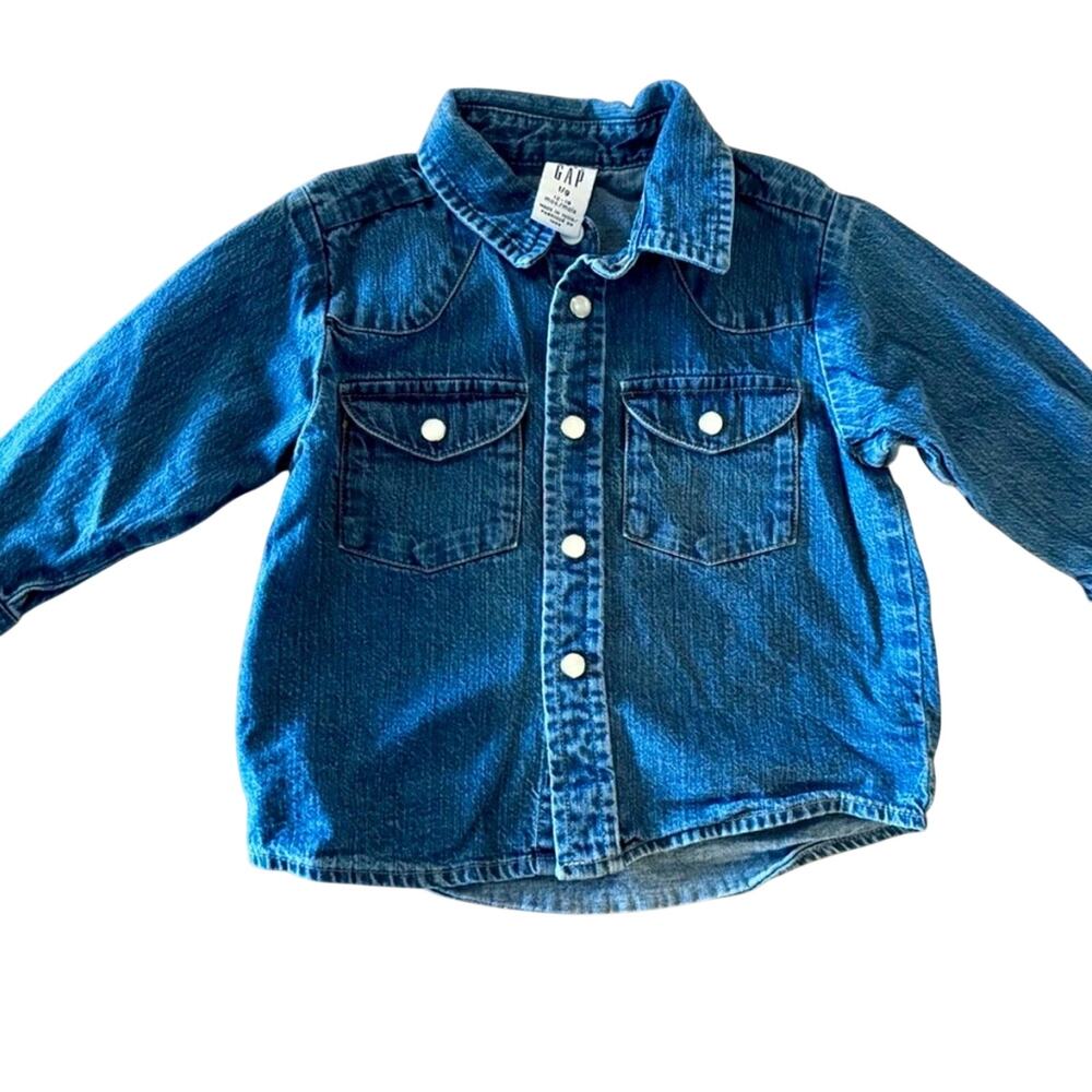 Baby Gap Blue Denim Pearl Snap Button Down Long Sleeve, Size 12-18M